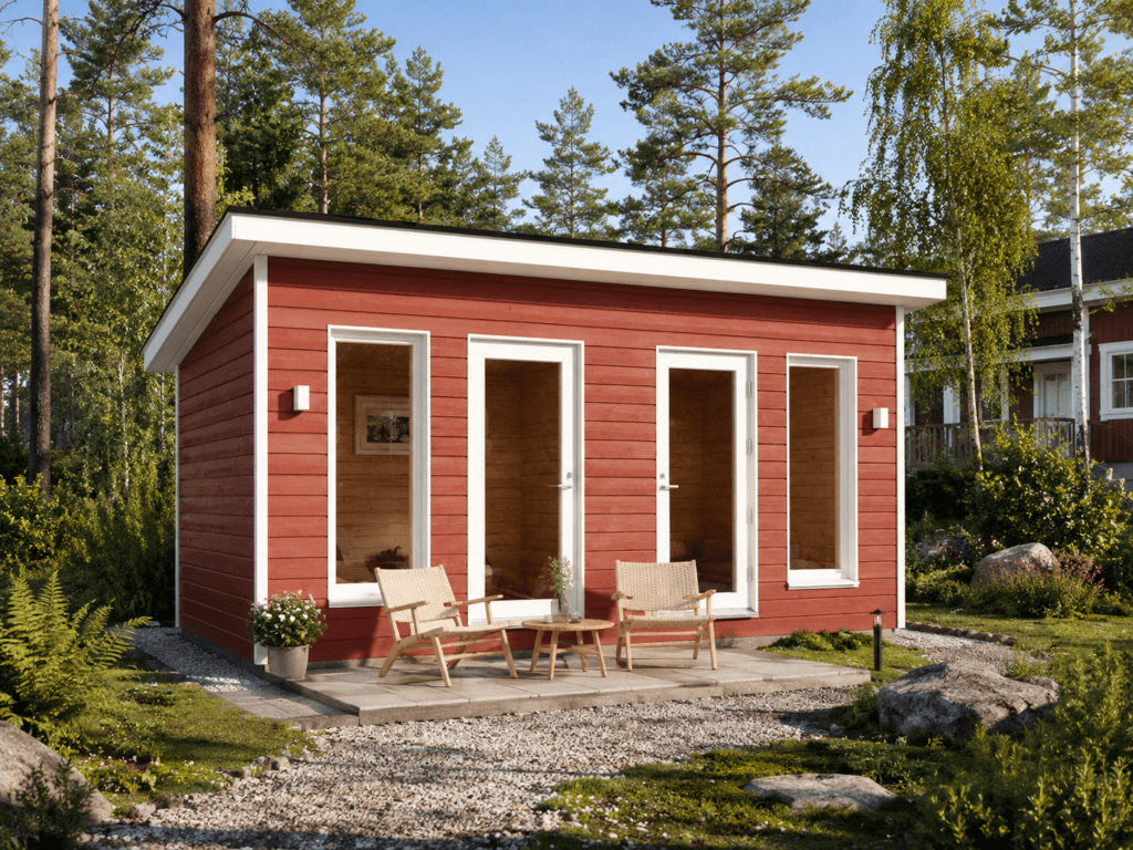 Havainnekuva Pyhä majoitustilasta metsäisessä pihapiirissä